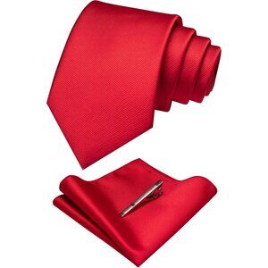 Men's Red Colour Formal Necktie and Pocket Square Tie Clip Sets